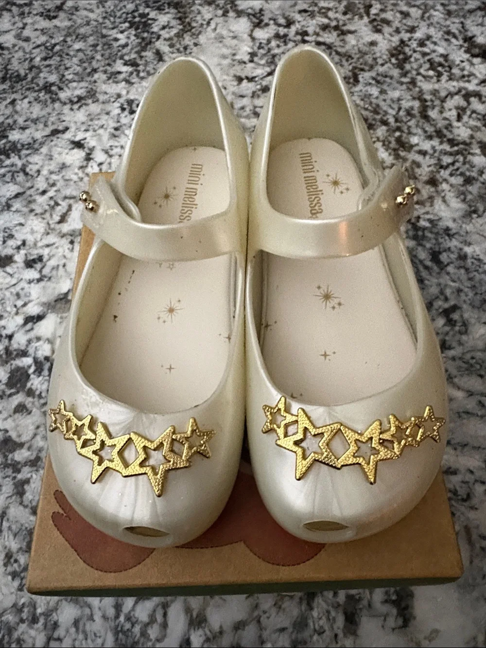 Mini Melissa Pearl White Mary Jane with Gold Star Trim